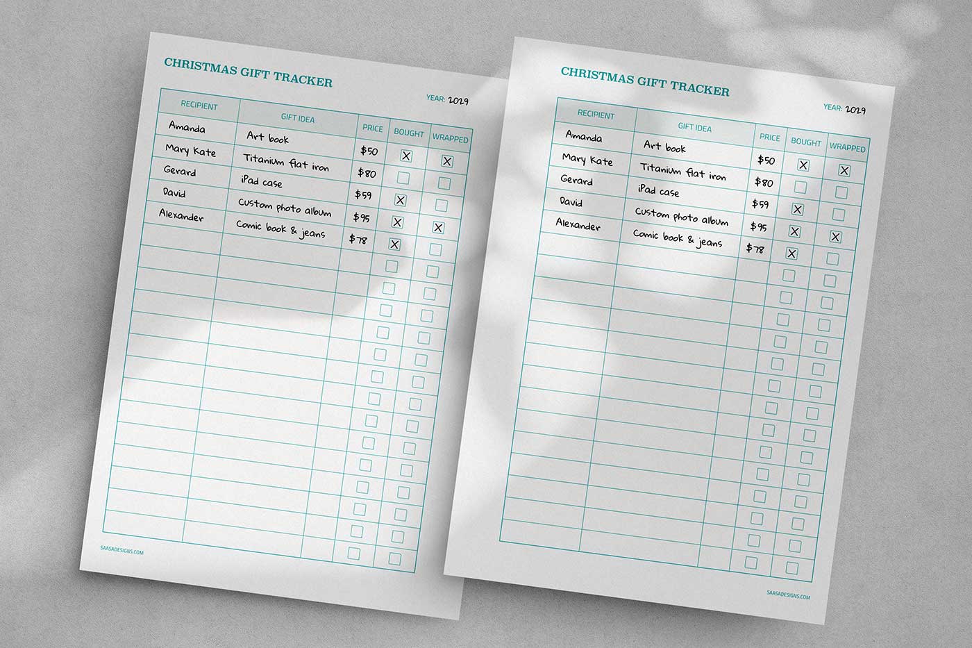 Christmas Gift Tracker template. Free printable planner insert.