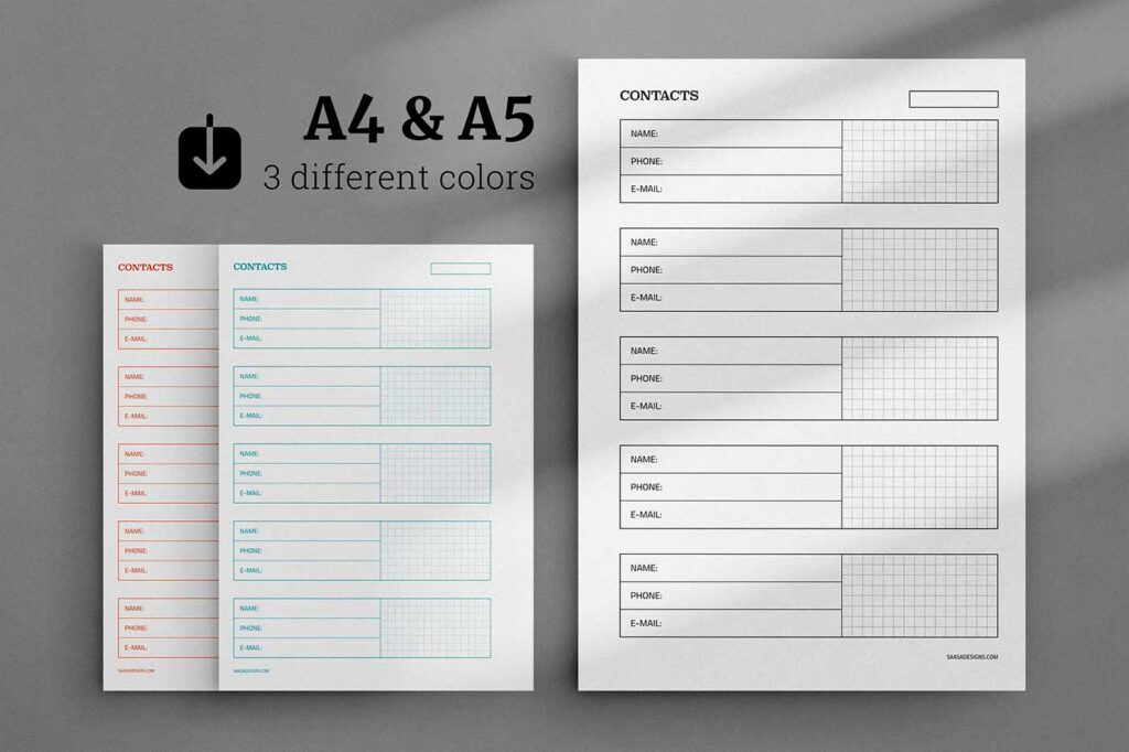 Free contact list planner insert