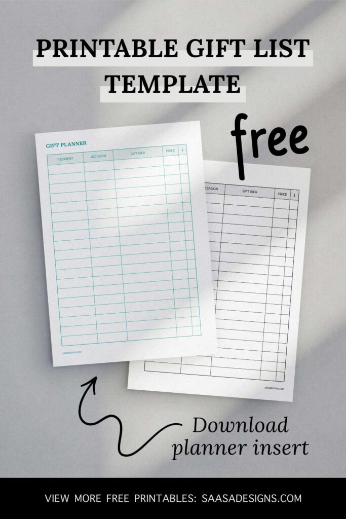 Free gift planner printable by Saasa Designs