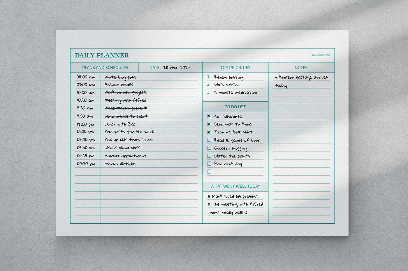 Horizontal Daily Planner template. Free printable planner insert.