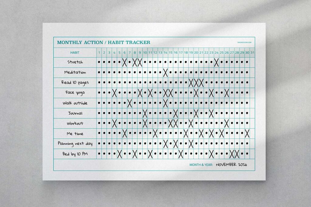 Free horizontal monthly habit tracker printable