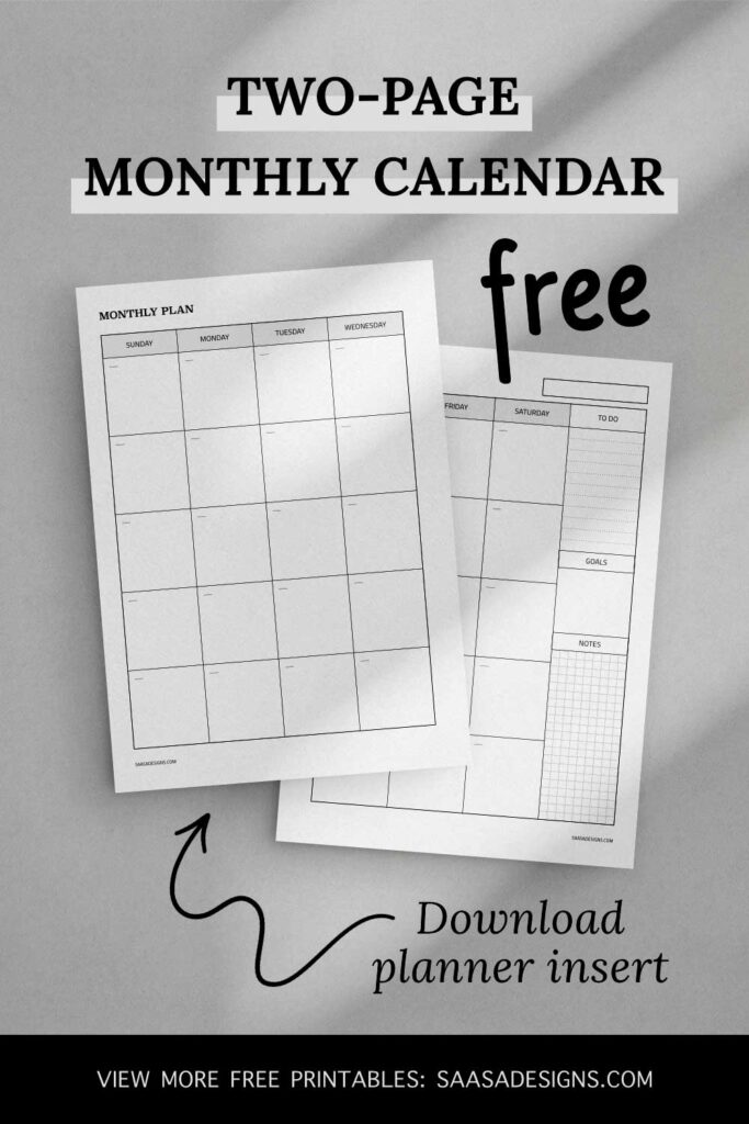 Free monthly calendar planner printable by Saasa Designs