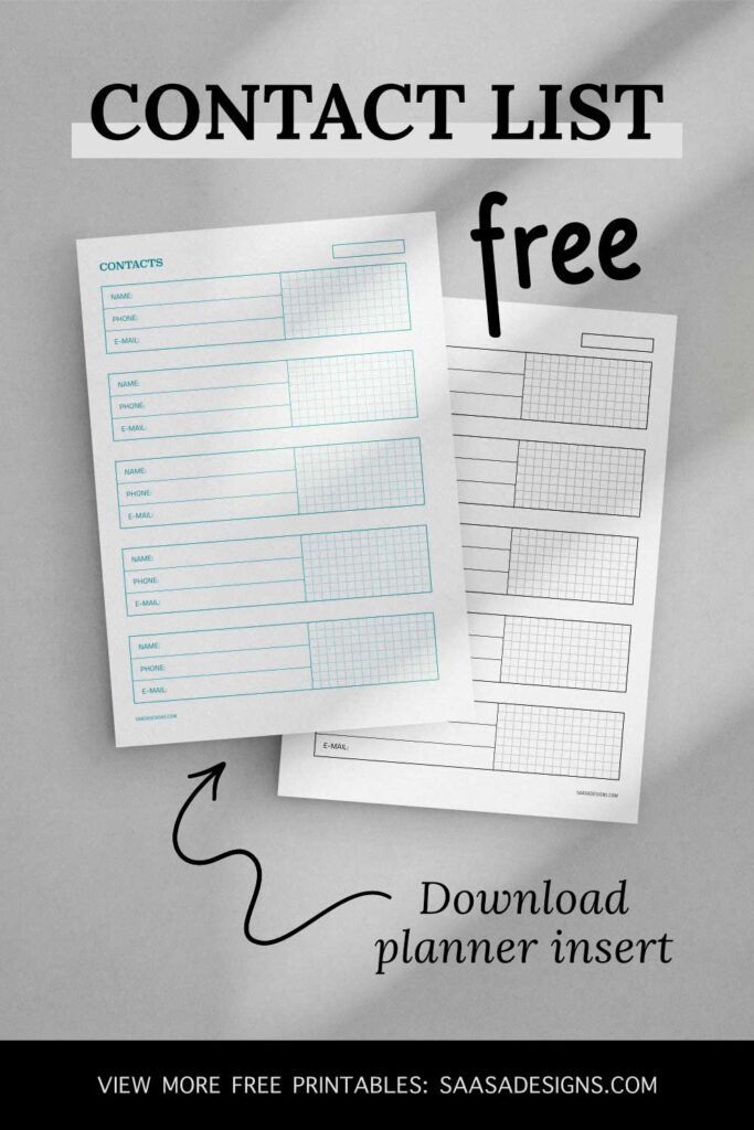 Free printable contact list template by Saasa Designs