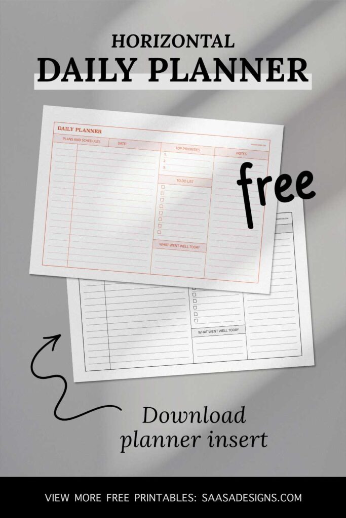 Free printable horizontal daily planner template by Saasa Designs