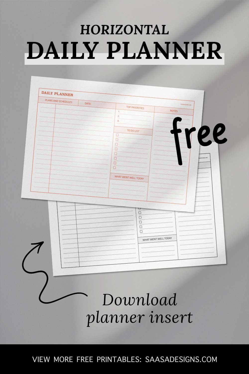 Horizontal Daily Planner template. Free printable planner insert.
