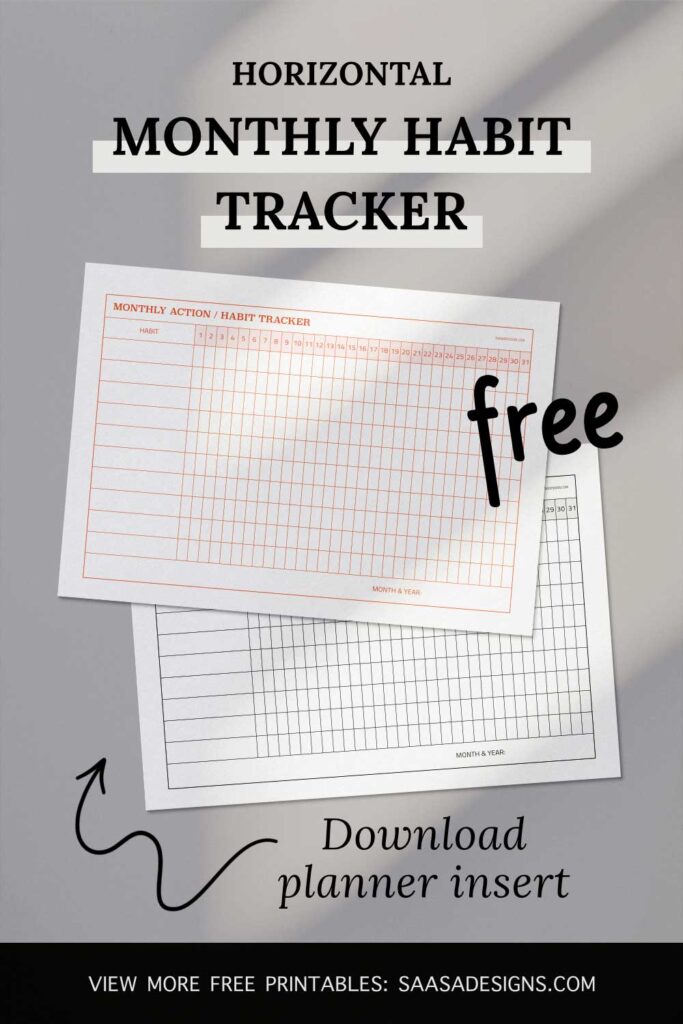 Free printable horizontal monthly habit tracker template by Saasa Designs
