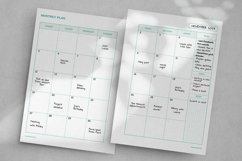 Free undated monthly calendar planner printable