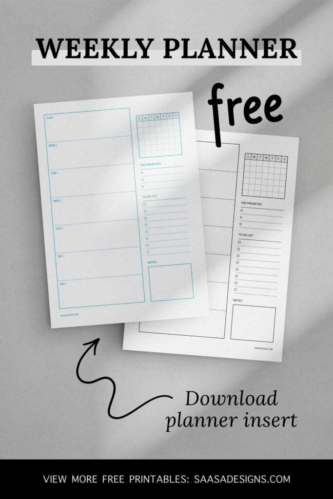 Free weekly planner printable by Saasa Designs