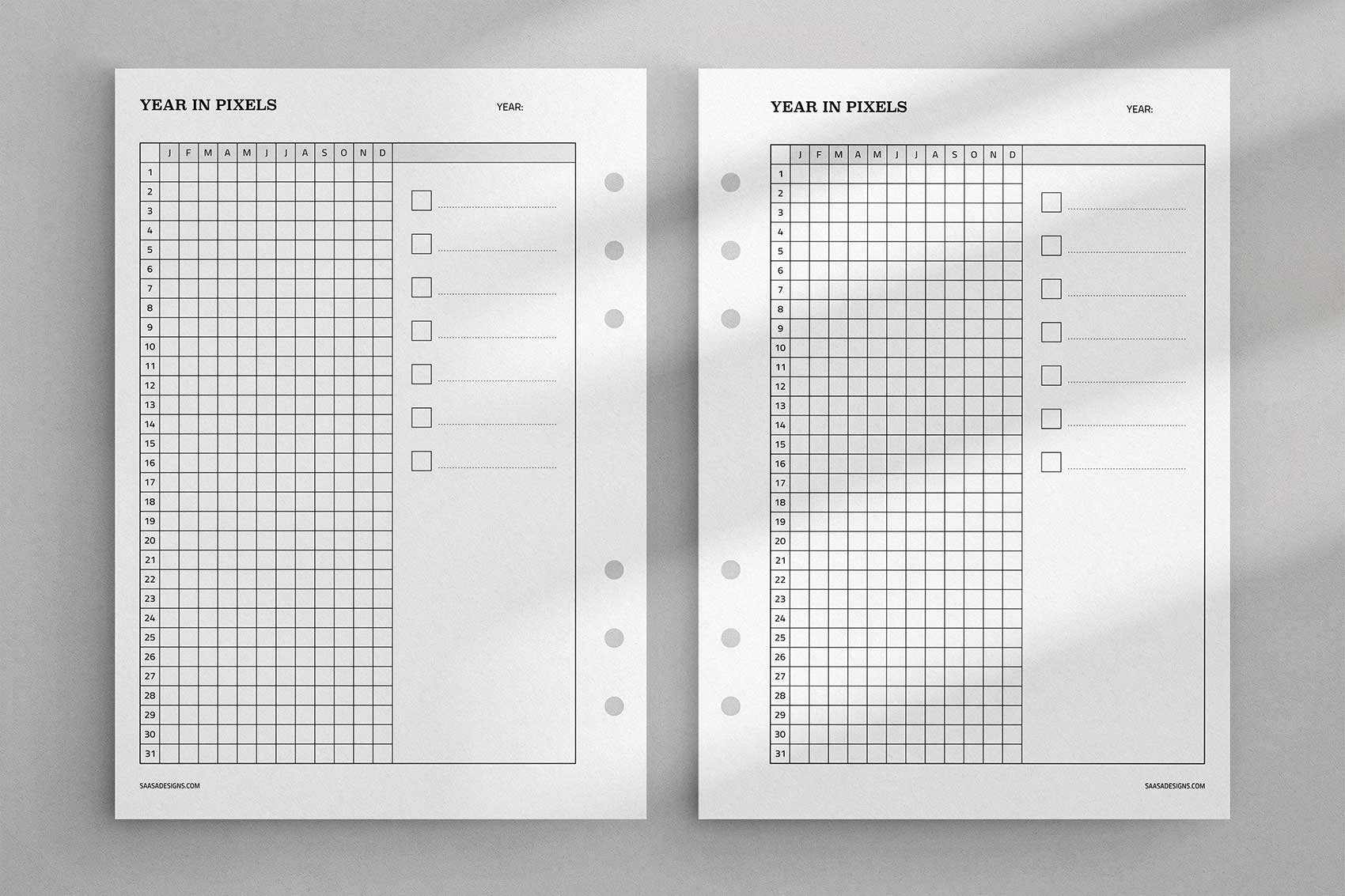 Year In Pixels template. Free printable planner insert.