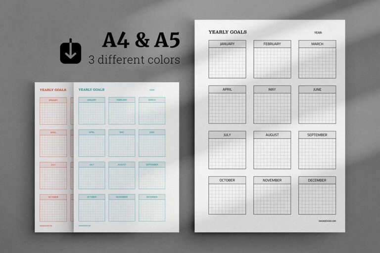 Yearly Goals template. Free printable planner insert.