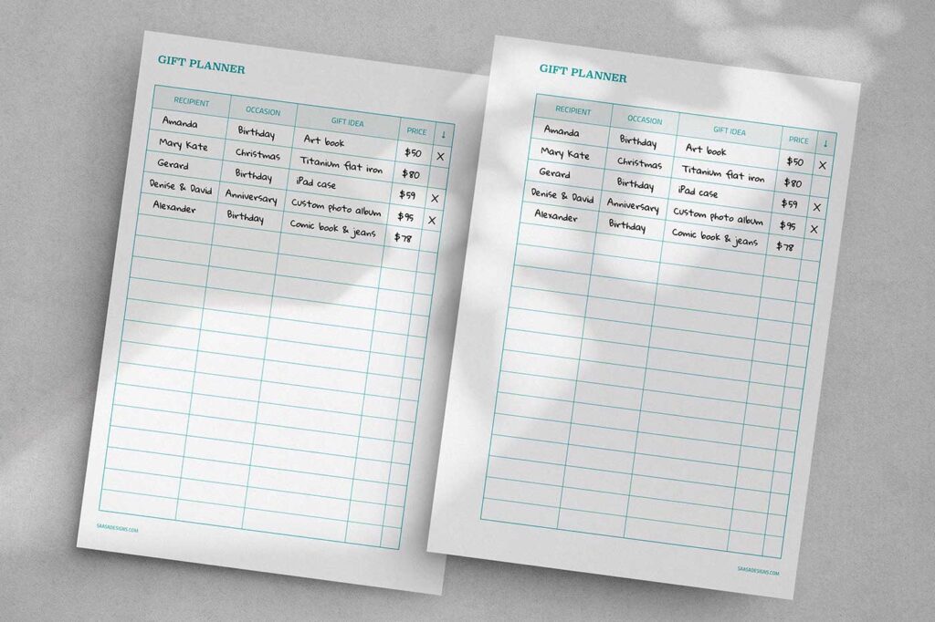 Gift list planner printable