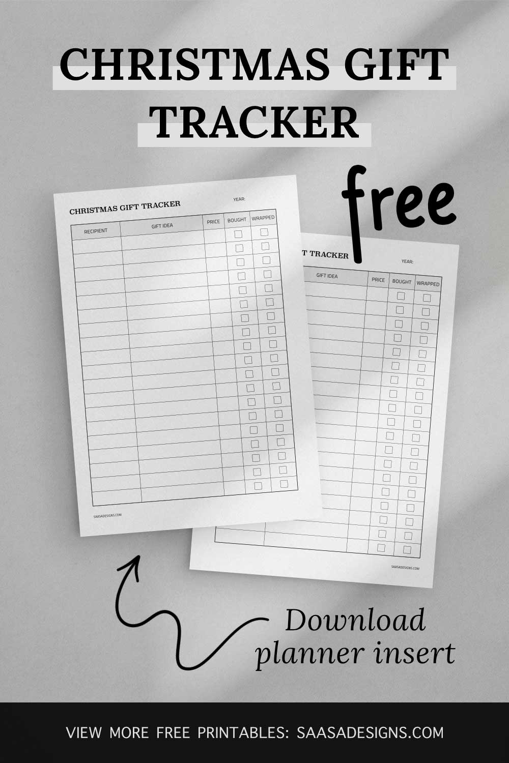 Christmas Gift Tracker template. Free printable planner insert.