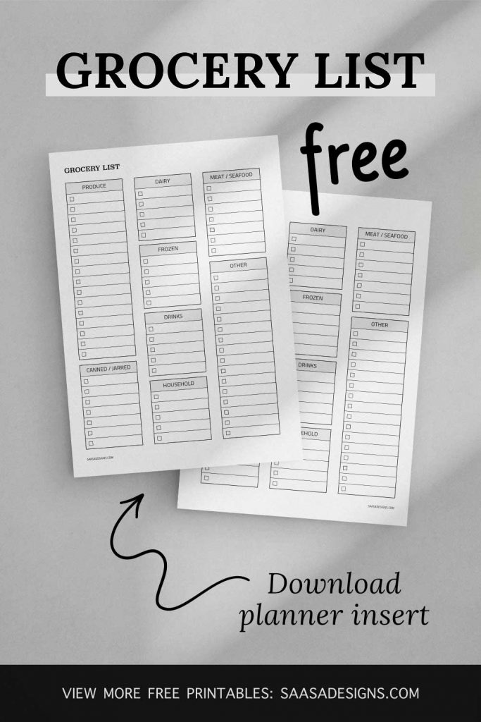Free grocery list printable by Saasa Designs