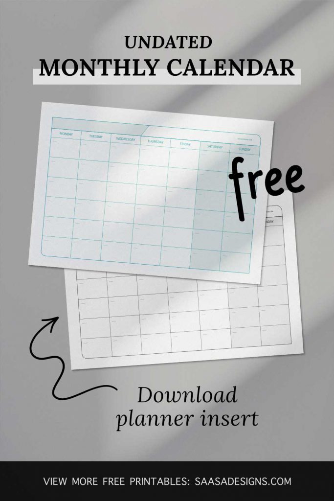 Free horizontal monthly calendar printable by Saasa Designs