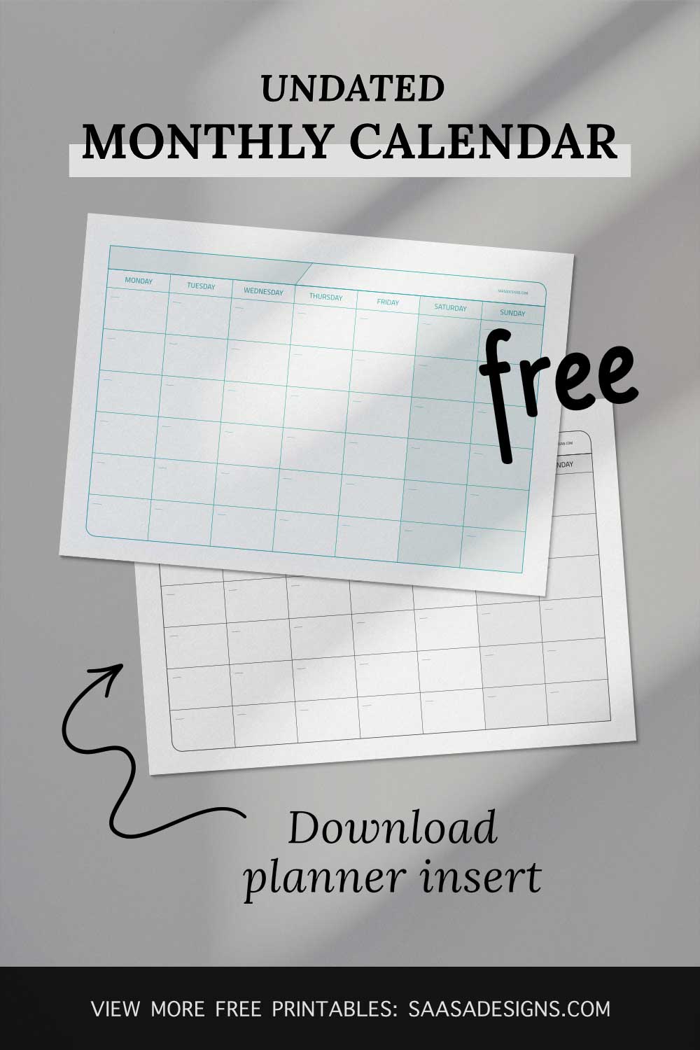 Monthly Calendar template. Free printable planner insert.