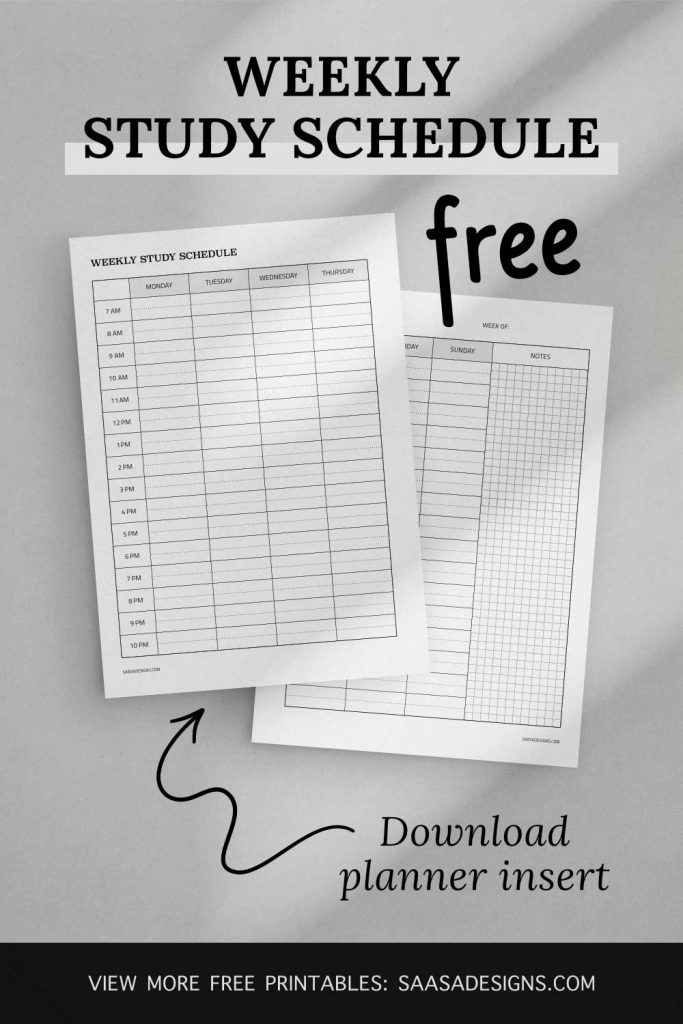 Free study schedule printable by Saasa Designs