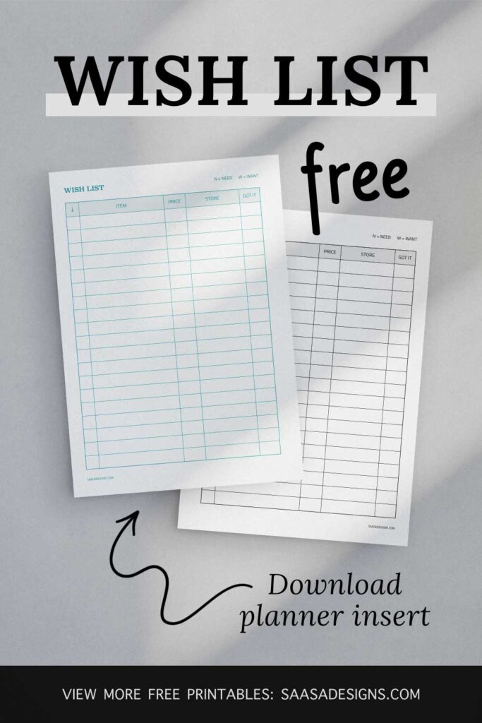 Free Wish List printable by Saasa Designs