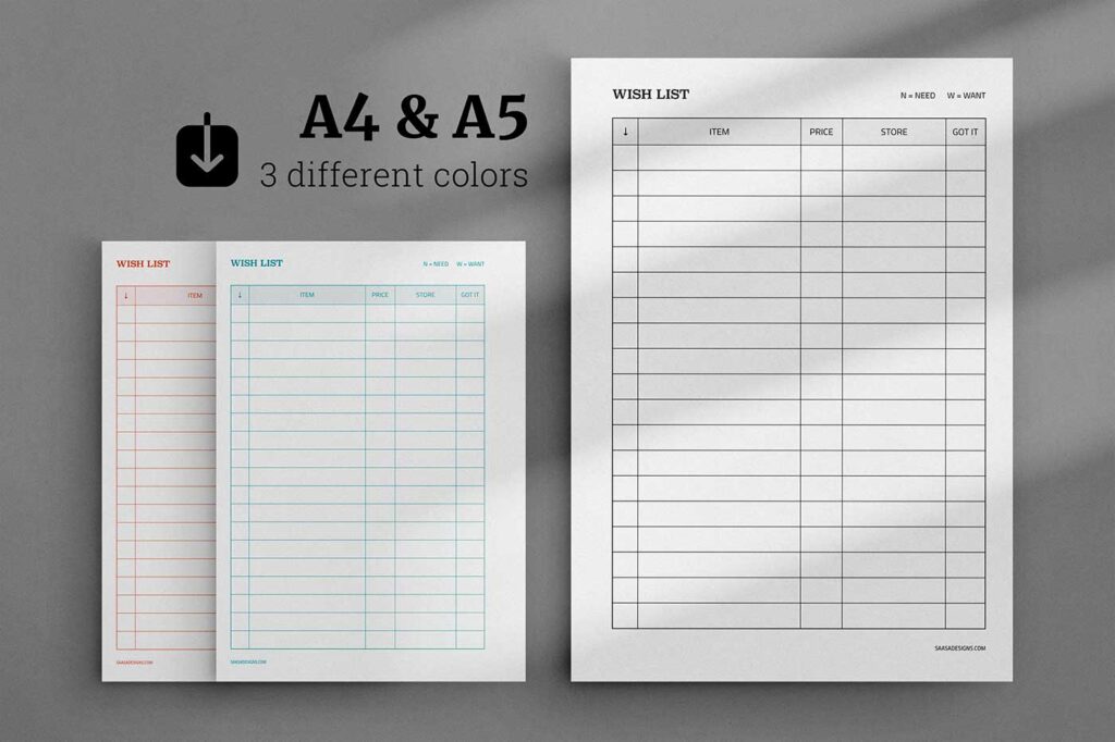 Free Wish List planner insert